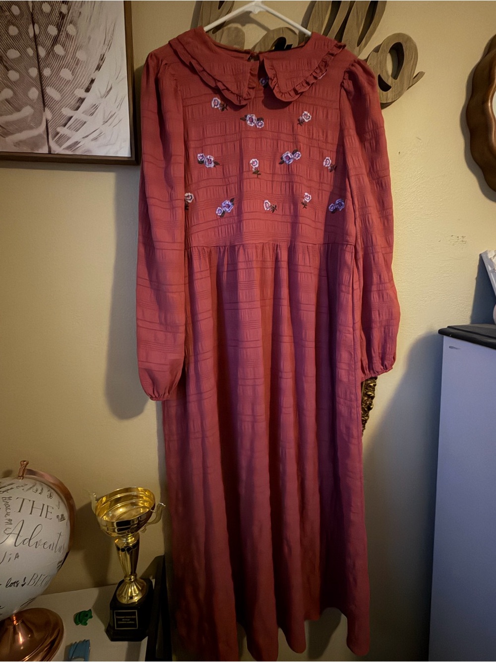 Rust Red Long Sleeve Embroidered Maxi Dress